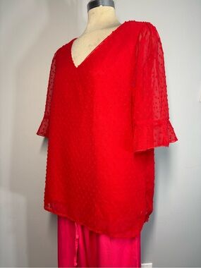 Ranlege Red V-Neck Swiss Dot Blouse with Ruffle Elbow Sleeves Size L